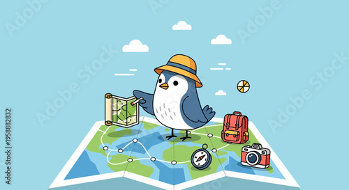 Adorable Penguin Adventurer Planning A Journey With Map And Backpack