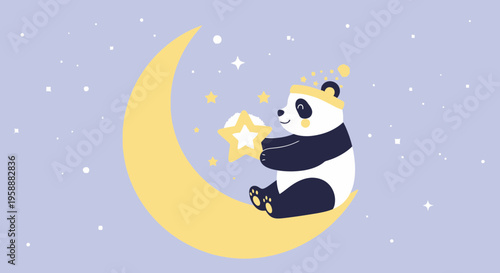 Adorable Panda Dreams Among the Stars on a Crescent Moon