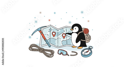 Adorable Penguin Embarks on Arctic Adventure with Map and Gear