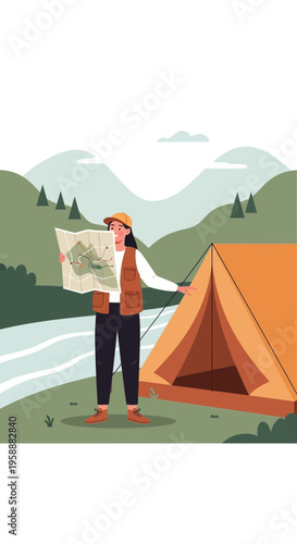 Adventure Awaits Woman Navigating Nature With Map By Tent