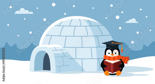 Adorable Penguin Scholar Reads Book By Igloo In Snowy Winter Landscape