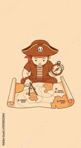 Adorable Pirate Child Charting a Course on a Treasure Map Adventure