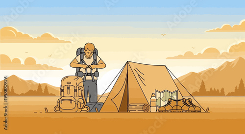 Adventure Beckons Exploring The Wilderness With Hiking Gear And Tent