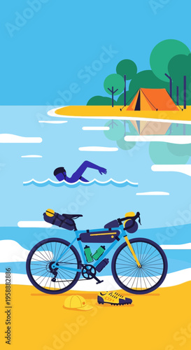 Adventure Bicycle Camping And Swimming Serene Summer Trip Outdoor Recreation