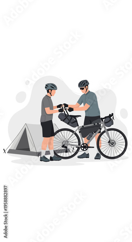 Adventure Bikers Preparing Gear For Outdoor Camping Expedition