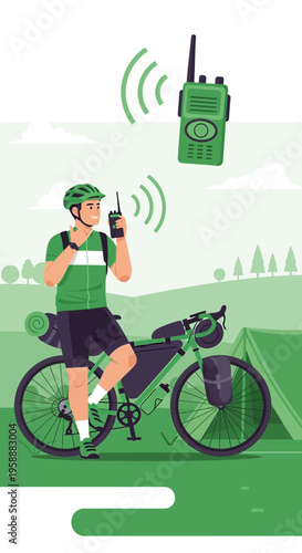 Adventure Cyclist Communicating Via Radio On Remote Trail Expedition