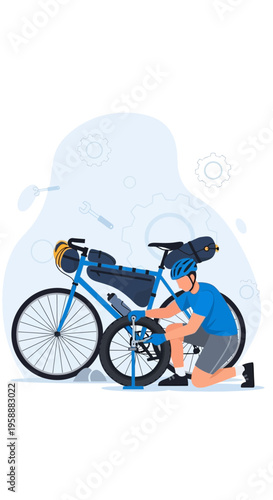 Adventure Cyclist Fixing Bicycle Gear During Remote Expedition Travel