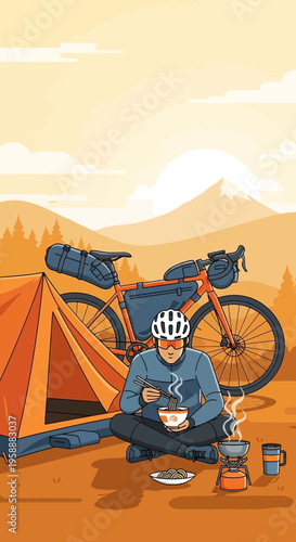 Adventure Cyclist Enjoying Camp Meal Amidst Scenic Mountain Landscape