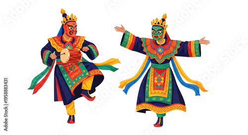 A vibrant illustration of two traditional dancers in colorful costumes and masks performing a dynamic dance.