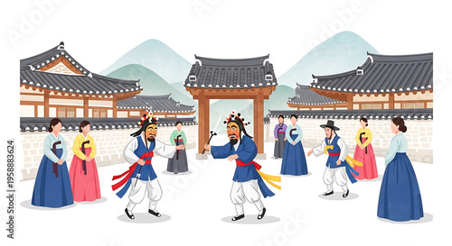 A vibrant illustration of traditional Korean dancers and onlookers in a scenic village setting