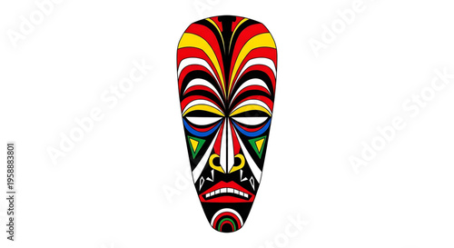 A colorful tribal mask illustration with a vibrant and abstract design
