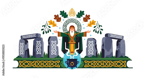 A vibrant illustration of a druid standing in front of Stonehenge, surrounded by Celtic knotwork and autumn leaves.