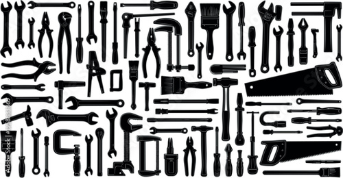 Comprehensive hand tool silhouette collection featuring wrenches pliers hammers screwdrivers saws clamps and workshop equipment isolated black vector illustration set