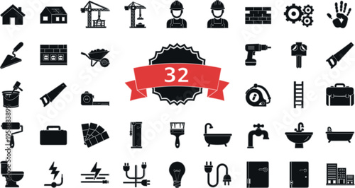 Construction and home improvement icon set including house tools worker equipment plumbing electricity and building symbols flat vector illustration collection