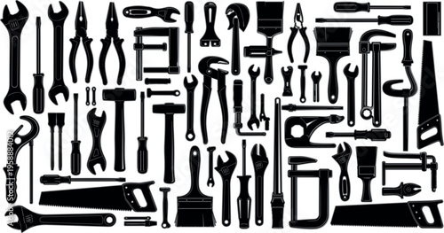 Large collection of hand tool silhouettes including wrenches pliers hammers saws screwdrivers clamps and workshop equipment isolated black vector set