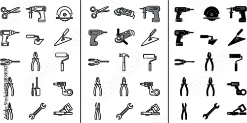 Power tools and construction equipment icon set in outline and solid styles including drill saw grinder helmet pliers and workshop tools vector