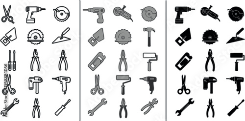 Power tools and construction equipment icons in outline glyph and solid styles including drill saw cutter hammer pliers and workshop tools vector set