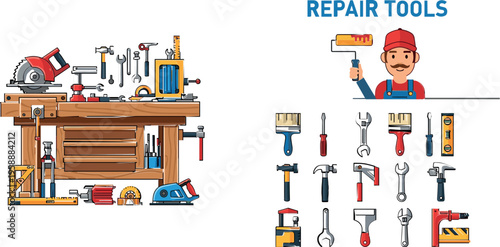 Repair tools vector illustration with mechanic character and workbench equipment set including hammer wrench drill screwdriver pliers and workshop elements