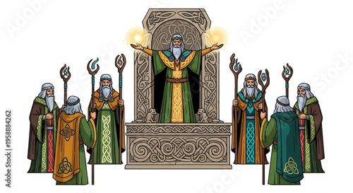 A mystical wizard sitting on a throne surrounded by six other wizards with glowing staffs in a magical ceremony