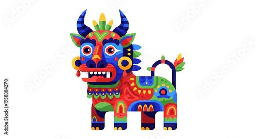 A colorful, vibrant, and whimsical vector illustration of a mythical creature with a mix of animal features and ornate decorations.