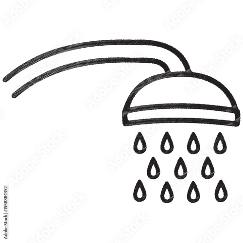 Black and white of a shower head with falling water drops