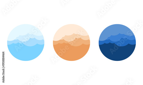 時間帯のシンボルのアイコンセット/昼・夕方・夜/シンプルでフラットな空のイラスト/曇りの日