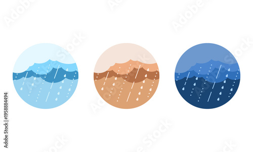 時間帯のシンボルのアイコンセット/昼・夕方・夜/シンプルでフラットな空のイラスト/雨の日・大雨