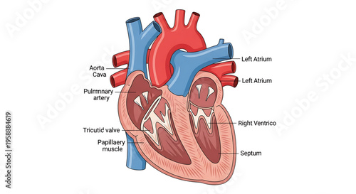 A detailed illustration of the human heart with labeled parts for educational purposes