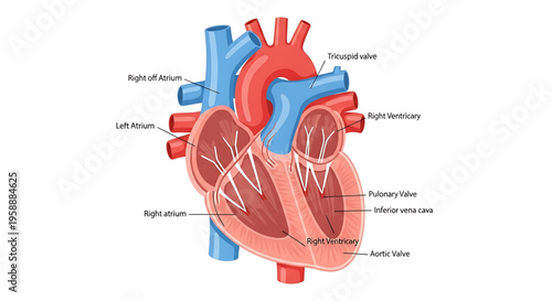 A detailed vector graphic illustration of a human heart with labeled parts