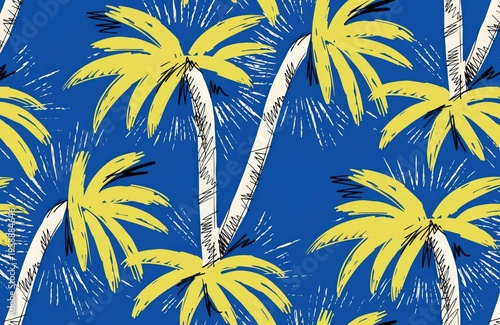 Palm tree with sun rays seamless pattern on a blue background for fabric, wallpaper, wrapping paper, and home textile design.