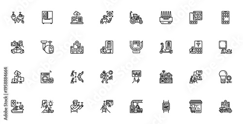 Internet of Things icon set. Vector IoT collection featuring smart devices, AI, connectivity, security, and technology symbols for modern digital life.