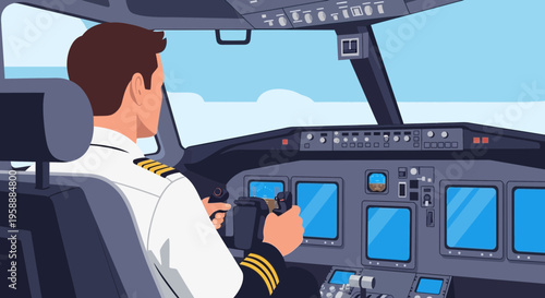 Pilot in Airplane Cockpit Operating Controls During Flight