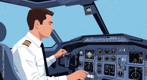 Pilot operating controls in the cockpit of an airplane during flight