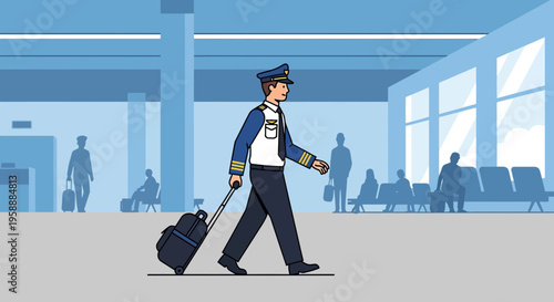 Pilot walking through airport terminal with luggage, ready for flight
