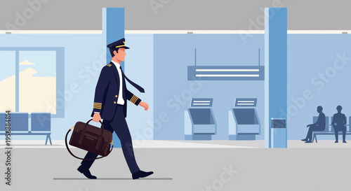 Pilot in uniform carrying luggage walking through an airport terminal