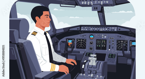 Pilot at the controls of an airplane cockpit, expertly navigating through the skies