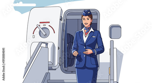 Friendly flight attendant in uniform standing at the airplane doorway ready to welcome passengers