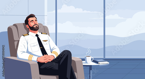 Pilot peacefully sleeping in a chair near a window with coffee and a book, overlooking a scenic sky view