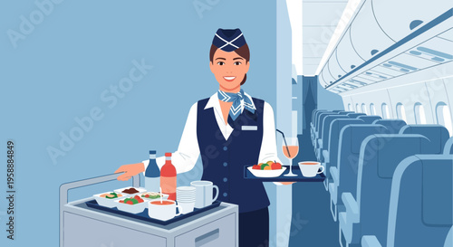 Smiling flight attendant serving food and drinks from a cart inside an airplane cabin
