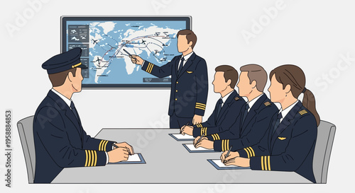 Pilots engaged in an aviation briefing session, with an instructor pointing at a flight route map on a large screen.