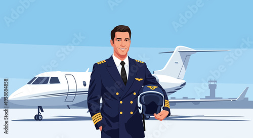 Smiling Pilot in Uniform Holding Helmet with Airplane in Background