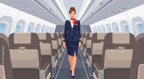 Professional flight attendant walking down the aisle of an airplane cabin during a flight