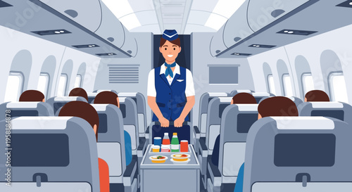 Smiling flight attendant serving meals and drinks to passengers inside an airplane cabin during a flight