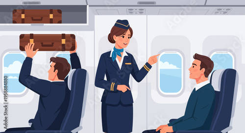 Friendly flight attendant pointing to airplane window showing clouds and sky inside the cabin.