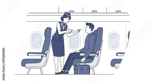 Flight attendant assisting a passenger with seating and luggage inside an airplane cabin