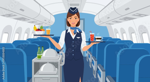 Smiling flight attendant serving drinks and food on an airplane cabin