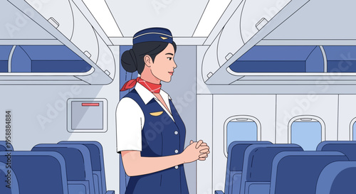 Friendly flight attendant in uniform standing inside an airplane cabin with seats and overhead compartments