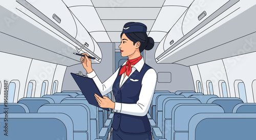 Flight attendant in uniform checking overhead compartment with clipboard inside airplane cabin