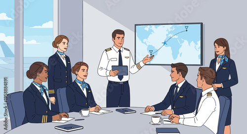 Pilot leading an airline crew meeting with flight plan on a world map presentation