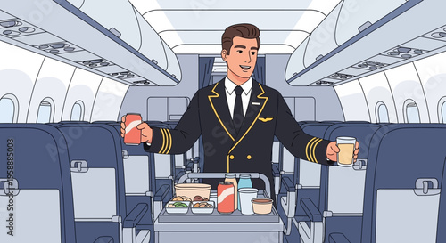 Friendly flight attendant offering drinks and snacks inside an airplane cabin